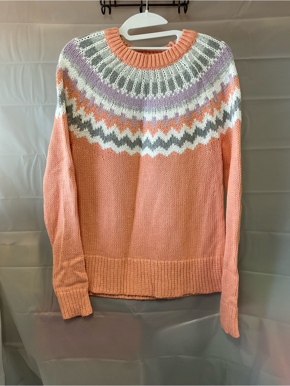 LOFT Peach Crewneck Sweater with Fair Isle Yoke